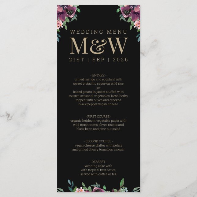 Moderne Burgundy Bloral Black Gold Monogram Weddin Menükarte (Vorderseite)