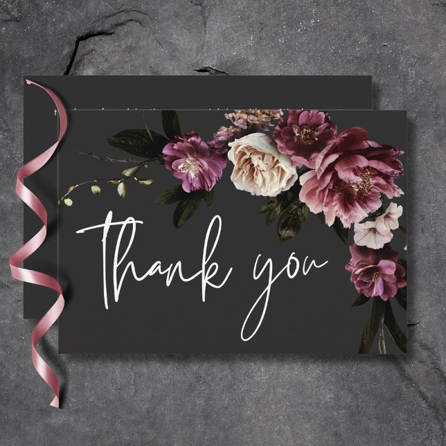 Moderne Burgundy & Cream Peonies Floral Black Dankeskarte (Modern Burgundy & Cream Peonies Floral Black Thank You Card)