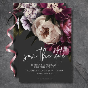 Moderne Burgundy & Cream Peonies Floral Black Save The Date