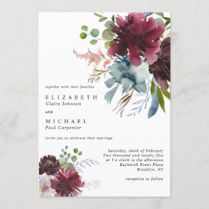 Moderne Burgundy Dusty Blue Peach Floral Wedding Einladung