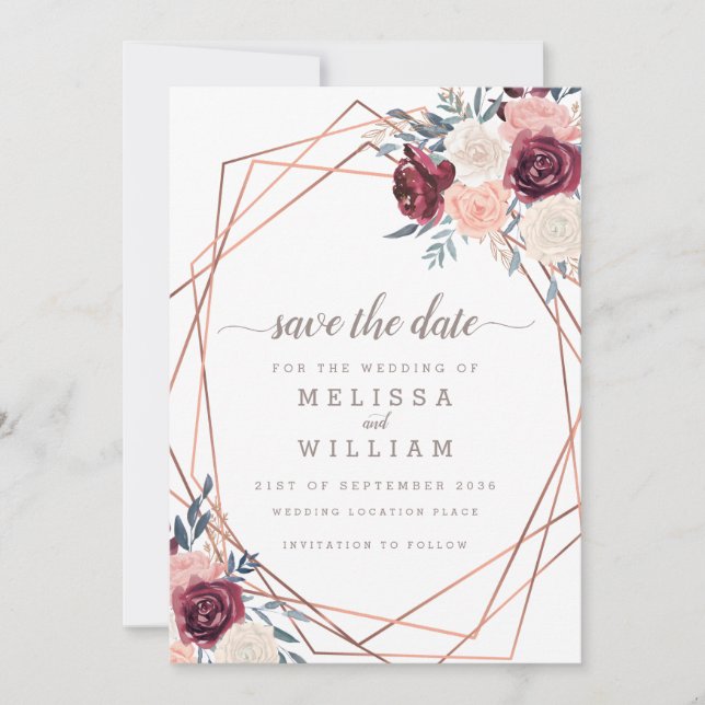 Moderne Burgundy-Floral Geometric Ivory Wedding Save The Date (Vorderseite)