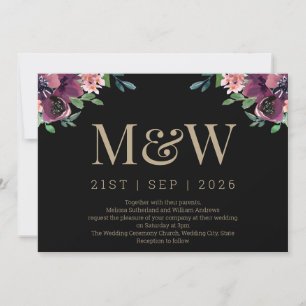 Moderne Burgundy Floral Gold Monogram Wedding Einladung