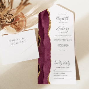 Moderne Burgundy Gold Agate Blush Hochzeit All In One Einladung
