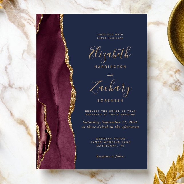 Moderne Burgundy Gold Agate Navy Blue Wedding Einladung (A perfect choice for a burgundy and navy blue themed wedding.)