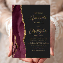 Moderne Burgundy Gold Agate Script Hochzeit
