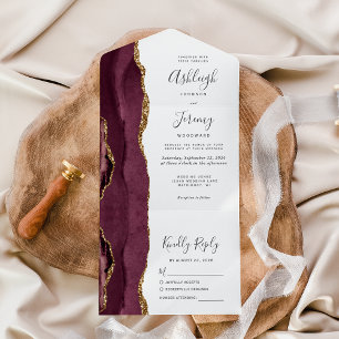 Moderne Burgundy Gold Agate Wedding All In One Einladung