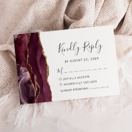 Moderne Burgundy Gold Agate Wedding RSVP Card Karte