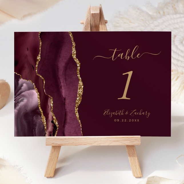 Moderne Burgundy Gold Agate Wedding Tischnummer (Von Creator hochgeladen)
