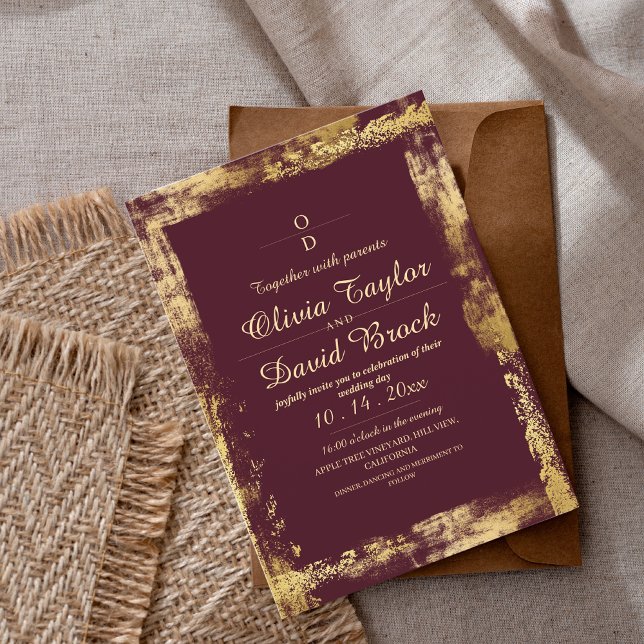 Moderne Burgundy & Gold Frame Wedding Einladung (Von Creator hochgeladen)
