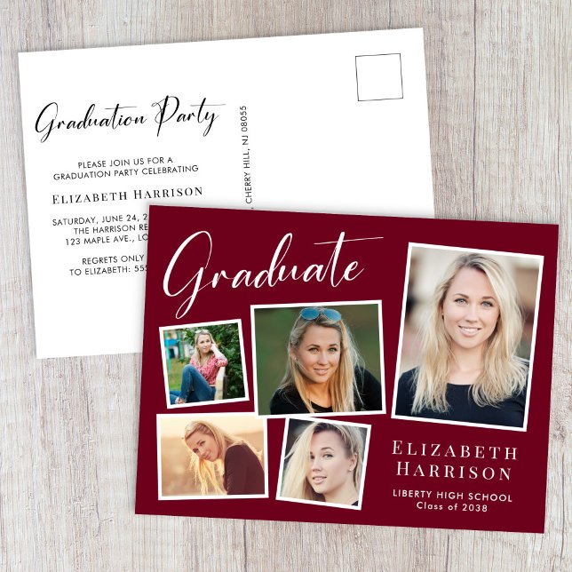 Moderne Burgundy Graduierungspartei für Foto Einladungspostkarte (Modern Photo Burgundy Graduation Party Invitation Postcard)