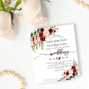 Moderne Burgundy Marsala Floral Handwriting Weddin Einladung