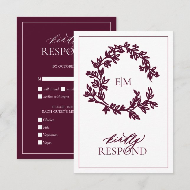 Moderne Burgundy Monogram Wedding RSVP Card (Vorne/Hinten)
