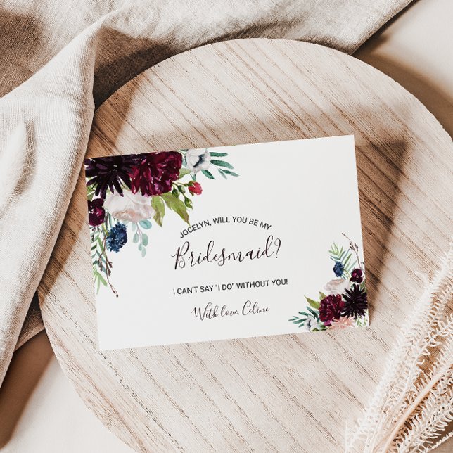 Moderne Burgundy Navy Blush Floral Bridesmaid Einladungspostkarte (Von Creator hochgeladen)