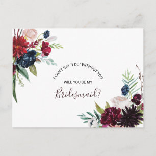 Moderne Burgundy Navy Blush Floral Bridesmaid Einladungspostkarte