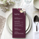 Moderne Burgundy Peonies Wedding Menu Card Menükarte<br><div class="desc">Die Hochzeitsmenükarte der modernen Peony Wedding Collection ist eine perfekte Ergänzung zu Ihrer Dekoration am Hochzeitstisch. Diese elegante Karte mit bordeauxrotem Hintergrund, bordeauxroten, weißen und cremefarbenen Rose verleiht Ihrer Hochzeit eine Touch der Eleganz. Der böhmisch inspirierte Schriftart fügt dem Design einen einzigartigen und stilvollen Flair hinzu und eignet sich somit...</div>