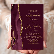 Moderne Burgundy Red Gold Agate Script Hochzeit