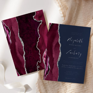 Moderne Burgundy Red Silver Agate Navy Blue Weddin Folieneinladung