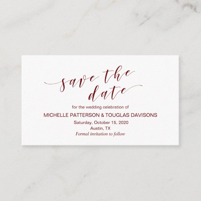 Moderne burgundy Schrift, Hochzeit Das Datum speic Begleitkarte (Vorderseite)