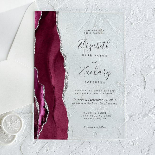 Moderne Burgundy Silver Agate Wedding Acryleinladungen (Von Creator hochgeladen)