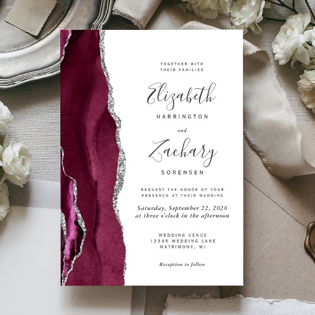 Moderne Burgundy Silver Agate Wedding Einladung (Von Creator hochgeladen)