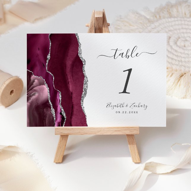 Moderne Burgundy Silver Agate Wedding Tischnummer (Von Creator hochgeladen)