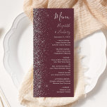 Moderne Burgundy Silver Glitzer Edge Wedding Menükarte<br><div class="desc">Die links Seite dieses eleganten,  modernen Hochzeitsmenüs besticht durch ein silbernes Imitat-Glitzer-Design. Der anpassbare Text kombiniert silbergraue Handschrift,  Kupferplatte und kursiv Schriftart auf bordeauxrotem Hintergrund. Auf der Rückseite ist ein passendes bordeauxfarbenes und silberfarbenes Glitzer-Design.</div>
