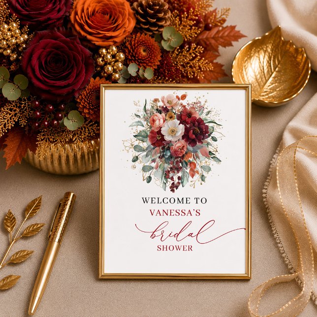 Moderne burnt-orange Blumen-Hochzeitsdusche-Tischd Poster (Modern burnt orange floral bridal shower tabletop sign

)