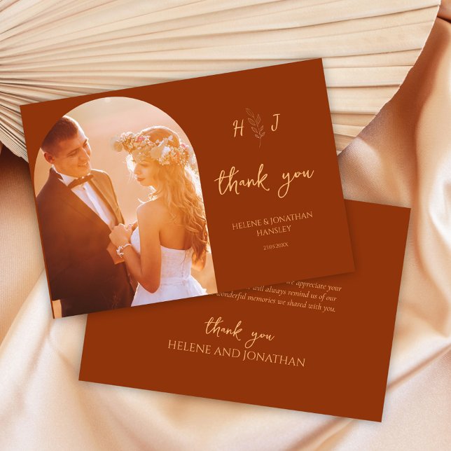 Moderne Burnt Orange Foto Monogram Wedding Dankeskarte (Modern Burnt Orange Photo Monogram Wedding Thank You Card)