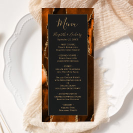 Moderne Burnt Orange Gold Agate Dark Wedding Menükarte