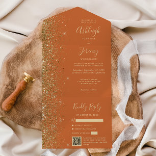 Moderne Burnt Orange Gold Glitter QR-Code Hochzeit All In One Einladung