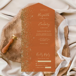 Moderne Burnt Orange Gold Glitzer Hochzeit All In One Einladung