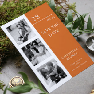 Moderne burnt-orange-Hochzeitscollage mit vier Fot Save The Date