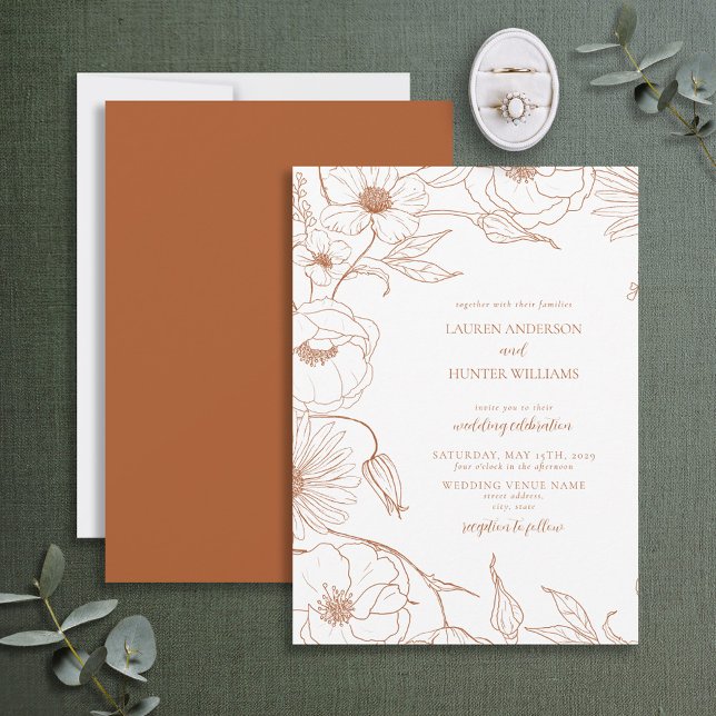 Moderne Burnt Orange Lline Art Floral Wedding Einladung (Von Creator hochgeladen)