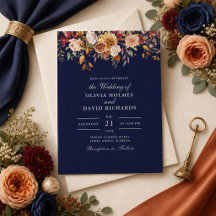 Moderne Burnt Orange Navy Blue Wildblumen Hochzeit