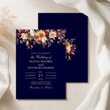 Moderne Burnt Orange Navy Blue Wildblumen Hochzeit