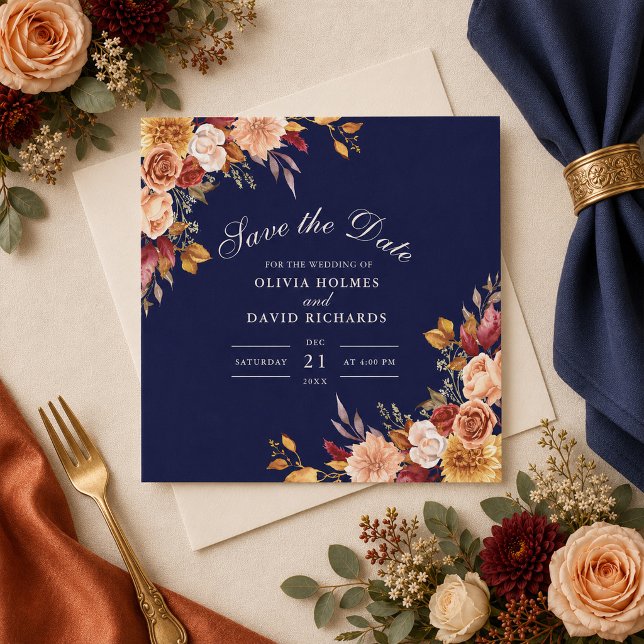Moderne Burnt Orange Navy Blue Wildblumen Hochzeit Save The Date (Von Creator hochgeladen)