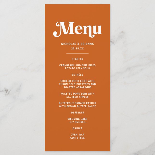 Moderne Burnt Orange Retro Boho Wedding Menükarte (Vorderseite)