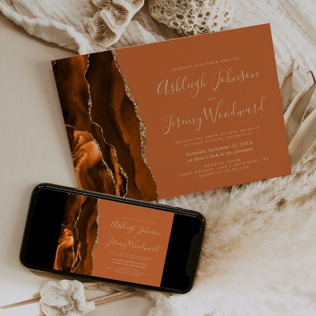 Moderne Burnt Orange Rust Gold Agate Hochzeit Einladung (Von Creator hochgeladen)