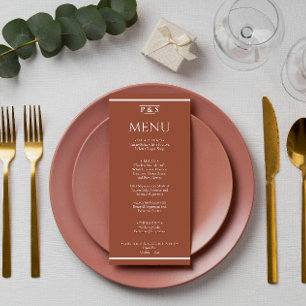 Moderne Burnt Orange Terracotta Monogram Wedding Menükarte