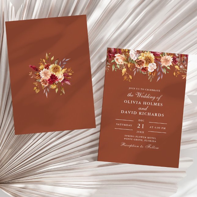 Moderne Burnt Orange Terracotta Wildblumen Hochzei Einladung (Modern Burnt Orange Terracotta Wildflowers Wedding Invitation on a sunny neutral dry palm leaf.)