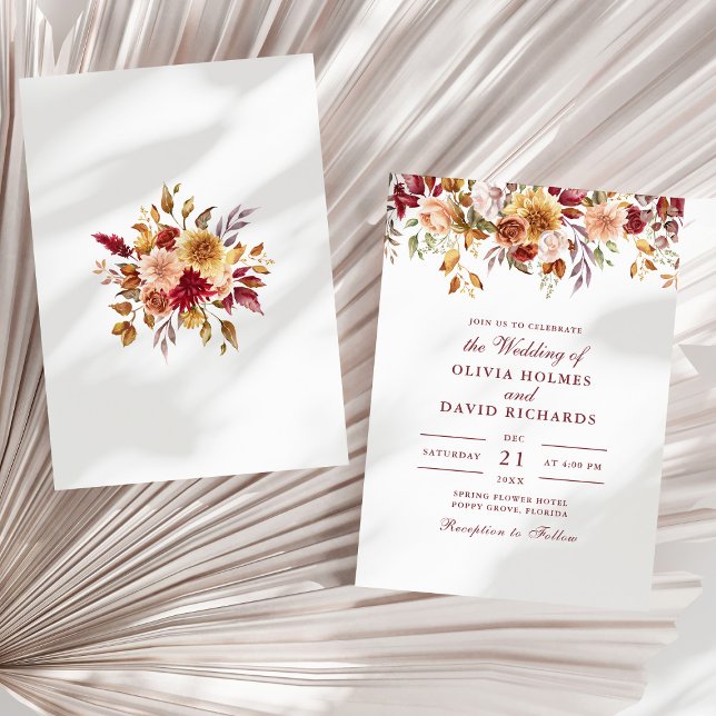Moderne Burnt Orange Terracotta Wildblumen Hochzei Einladung (Modern Burnt Orange Terracotta Wildflowers Wedding Invitation on a sunny neutral dry palm leaf.)