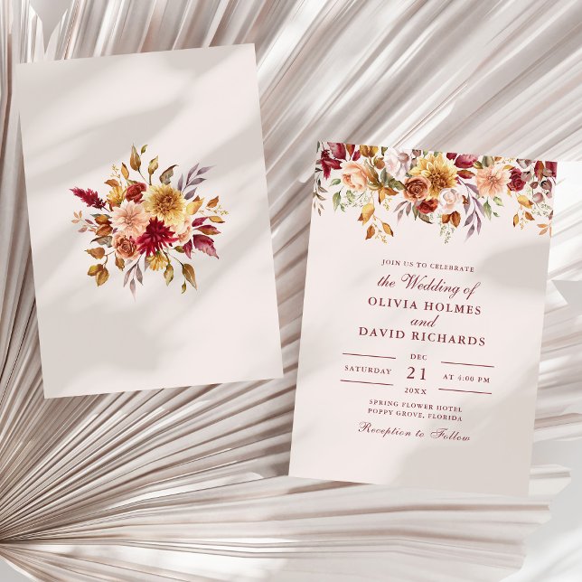 Moderne Burnt Orange Terracotta Wildblumen Hochzei Einladung (Modern Burnt Orange Terracotta Wildflowers Wedding Invitation on a sunny white dry palm leaf.)
