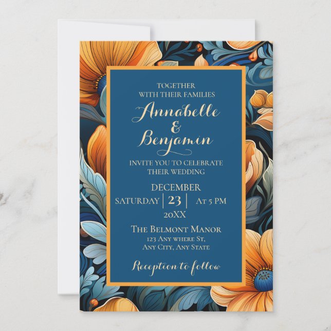 Moderne Burnt Orange- und Blue Floral Wedding Einladung (Vorderseite)