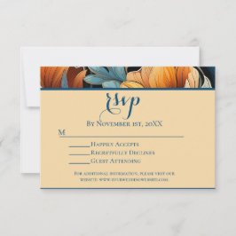 Moderne Burnt Orange und Blue Floral Wedding RSVP Karte