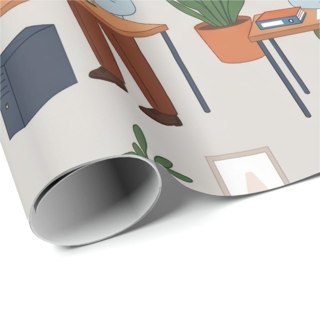 Moderne Büroarbeitsplatz-Nahtloses Muster Geschenkpapier (Rolleneckpunkt)