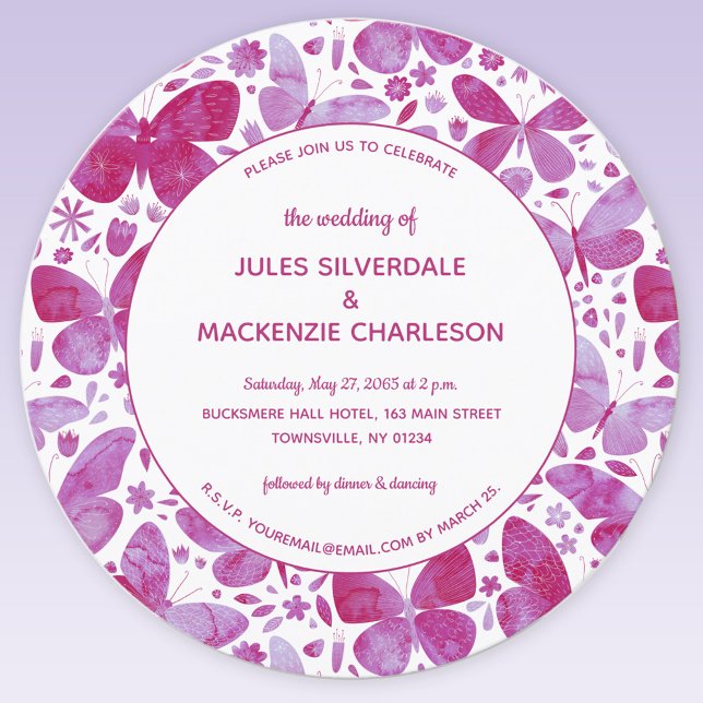 Moderne Butterfly Wasserfarbe Magenta Pink Hochzei Einladung (Pink watercolor butterfly wedding invitation)