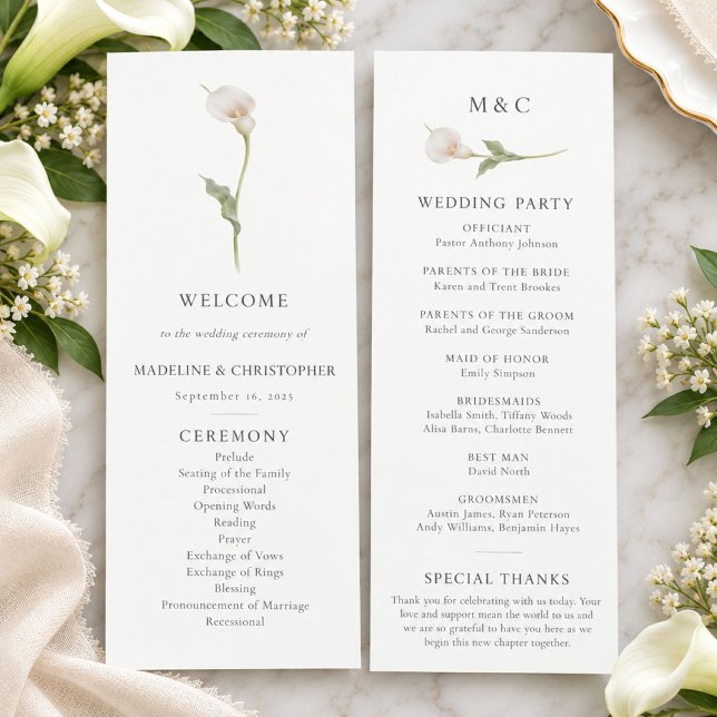 Moderne Calla-Lilien-Hochzeitsprogramm Botanik (Von Creator hochgeladen)