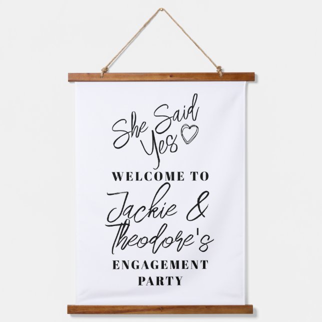 Moderne Calligrafy Engagement Party willkommen Wandteppich Mit Holzrahmen (Vorderseite)