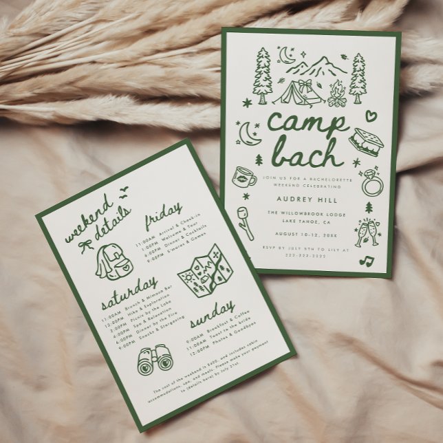 Moderne Camp Bach Green Script Junggesellinnenabsc Einladung (Von Creator hochgeladen)