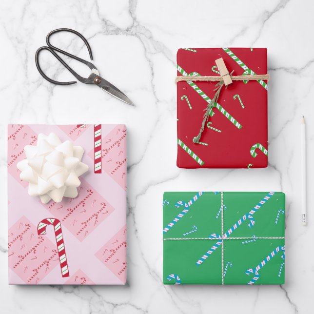 Moderne Candy Cane Muster Wrapping Paper Sheets Geschenkpapier Set (Vorderseite)